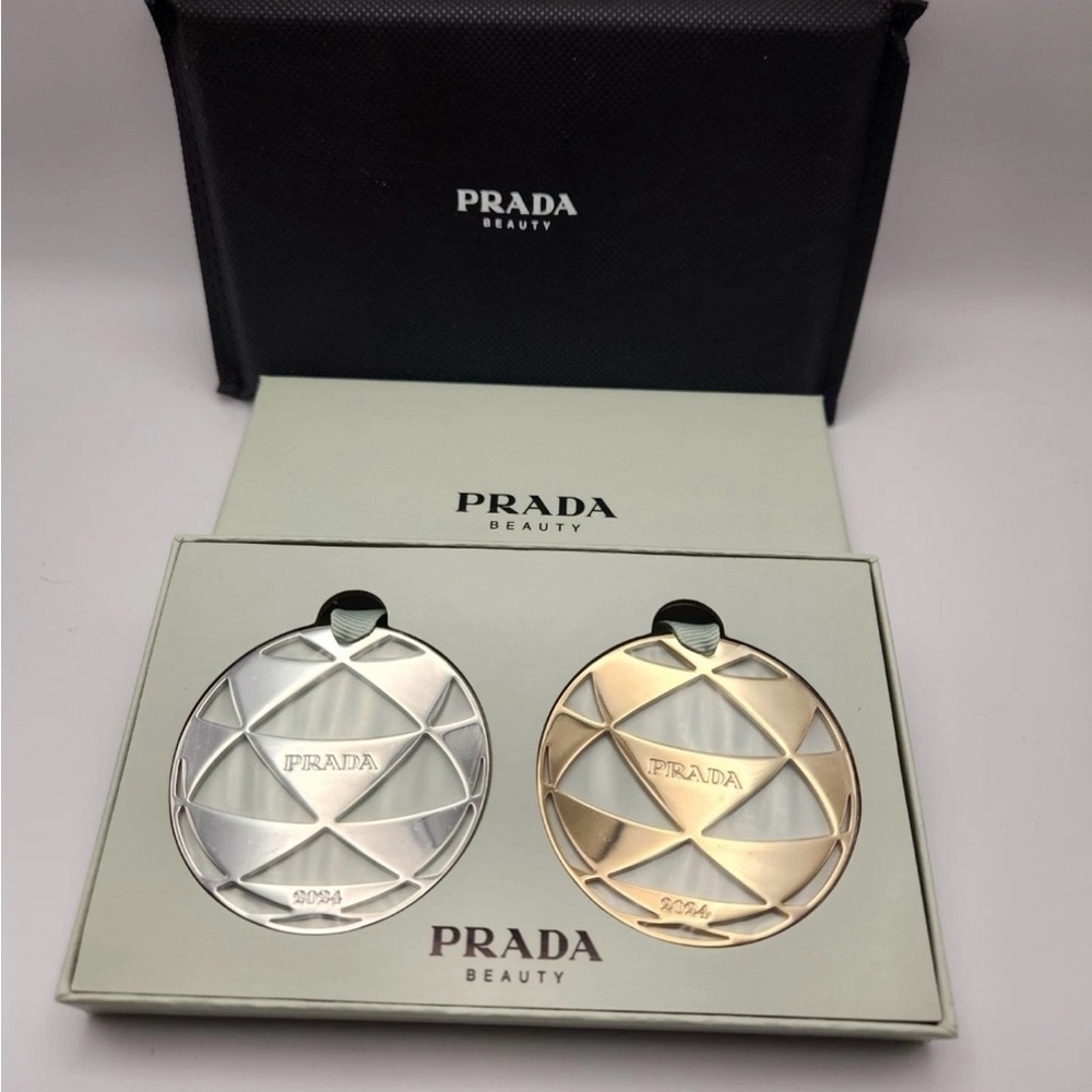 Brand New PRADA GWP Holiday Beauty Silver and Gold Compact Duo ornaments